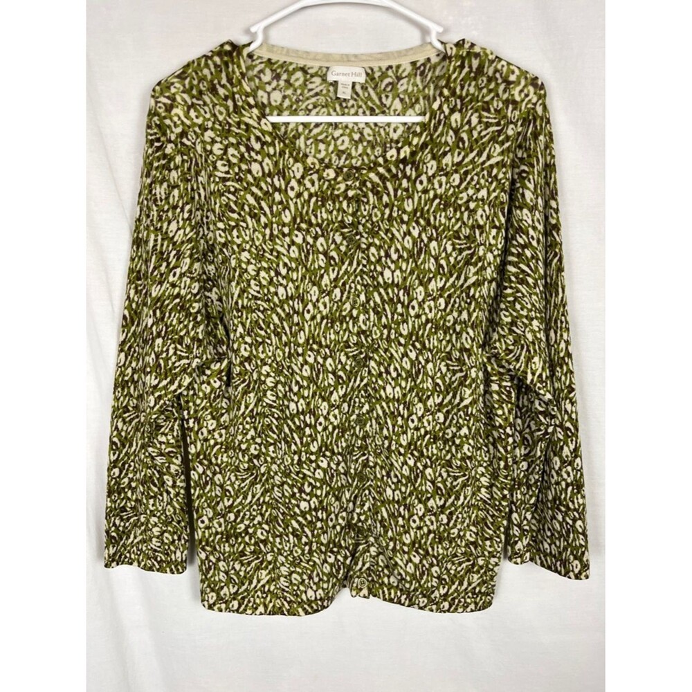 Garnet Hill Merino Wool Green and Brown Floral Lightweight Cardigan